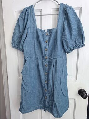 Old Navy Light Blue Denim Button-Front Puff Sleeve Mini Dress